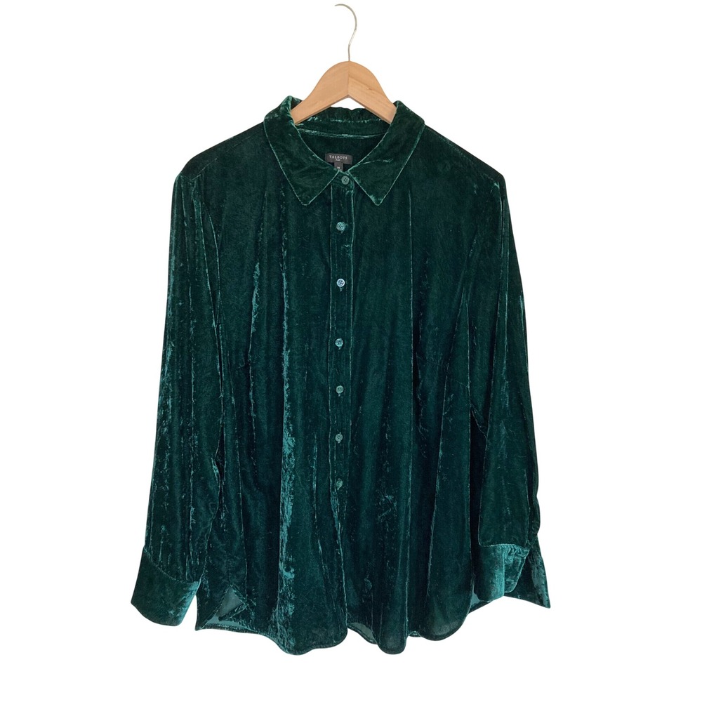 Talbots Plus Womens 2X Emerald Green Velvet Button Down Shirt Long Sleeve Blouse